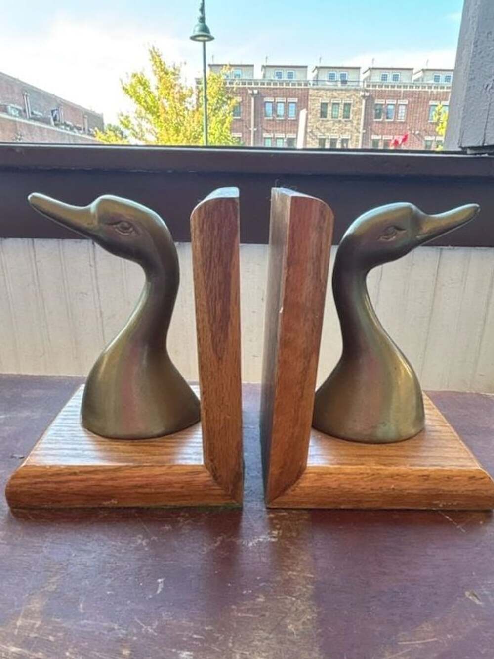 Vintage Brass and Oak Wood Duck Head Bookends
